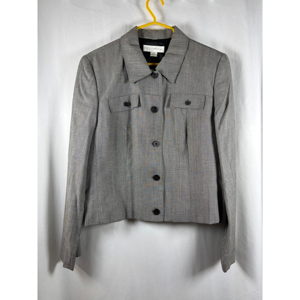 Petite Sophisticate Grey Houndstooth Cropped Blazer Jacket Womens 12 Button